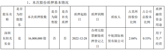 东阳光控股股东持股质押比例约99%